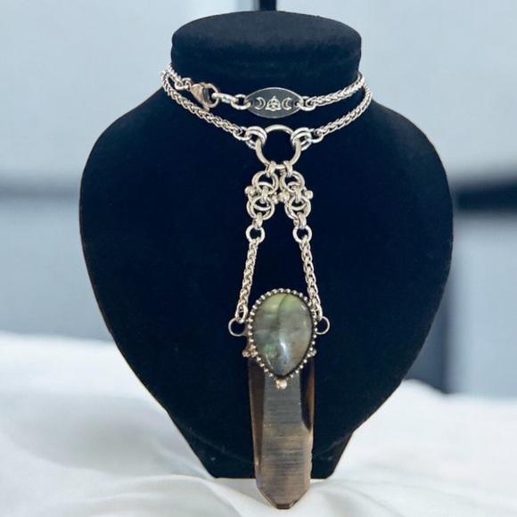 labradorite & Smokey crystal quartz maille stainless steel boho goth necklace - Picture 12 of 15